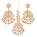 Etnico18K Gold Plated Traditional Big Kundan & Pearl Chandbali Earrings with Maang Tikka Set for Women/Girls (TE3002W)