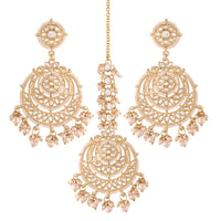 Etnico18K Gold Plated Traditional Big Kundan & Pearl Chandbali Earrings with Maang Tikka Set for Women/Girls (TE3002W)