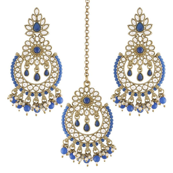 Etnico 18K Gold Plated Traditional Handcrafted Earrings With Maang Tikka Encased with Faux Kundan & Pearl for Women/Girls (TE4001Bl)