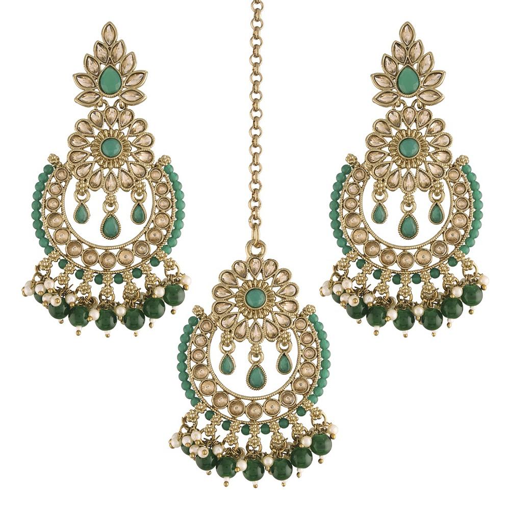 Etnico 18K Gold Plated Traditional Handcrafted Earrings With Maang Tikka Encased with Faux Kundan & Pearl for Women/Girls (TE4001G)