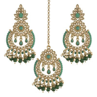 Etnico 18K Gold Plated Traditional Handcrafted Earrings With Maang Tikka Encased with Faux Kundan & Pearl for Women/Girls (TE4001G)