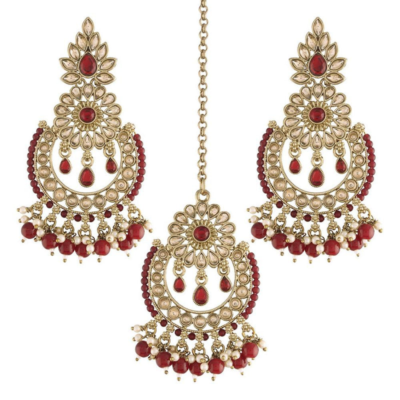 Etnico 18K Gold Plated Traditional Handcrafted Earrings With Maang Tikka Encased with Faux Kundan & Pearl for Women/Girls (TE4001M)