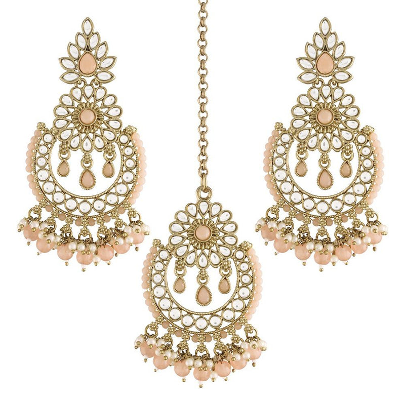 Etnico 18K Gold Plated Traditional Handcrafted Earrings With Maang Tikka Encased with Faux Kundan & Pearl for Women/Girls (TE4001Pe)