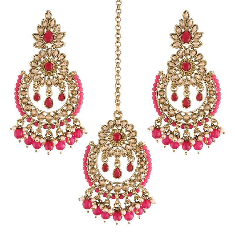 Etnico 18K Gold Plated Traditional Handcrafted Earrings With Maang Tikka Encased with Faux Kundan & Pearl for Women/Girls (TE4001Q)