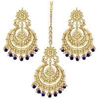 Etnico Traditional Gold Plated Wedding Chandbali Kundan & Pearl Earring Set With Maang Tikka for Women (TE7077BL)