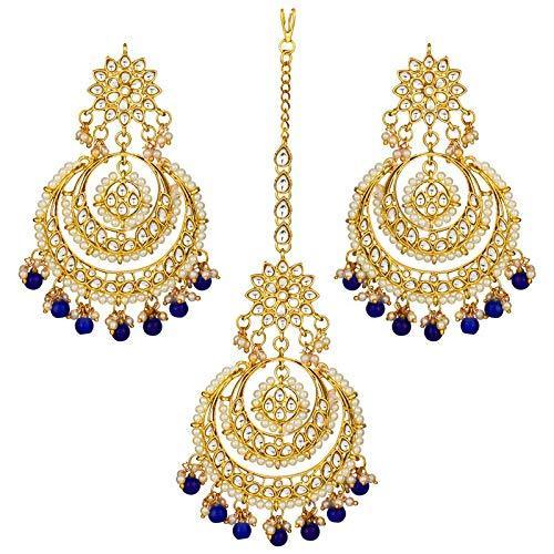 Etnico Traditional Gold Plated Wedding Chandbali Kundan & Pearl Earring Set With Maang Tikka for Women (TE7077BL)