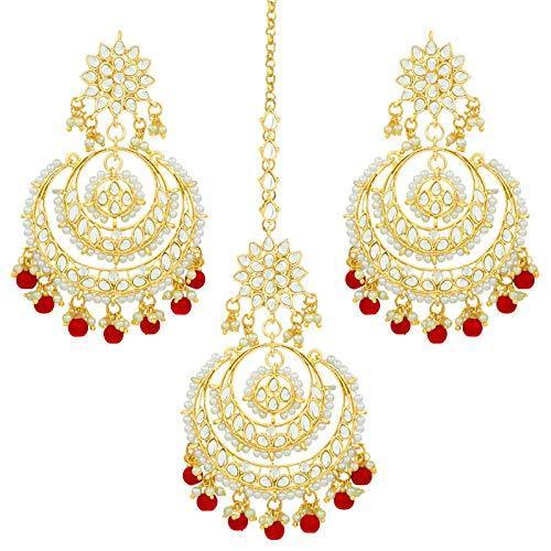 Etnico Traditional Gold Plated Wedding Chandbali Kundan & Pearl Earring Set With Maang Tikka for Women (TE7077R)