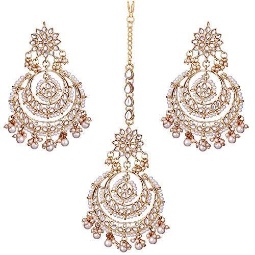 Etnico Traditional Gold Plated Wedding Chandbali Kundan & Pearl Earring Set With Maang Tikka for Women(TE7077W)