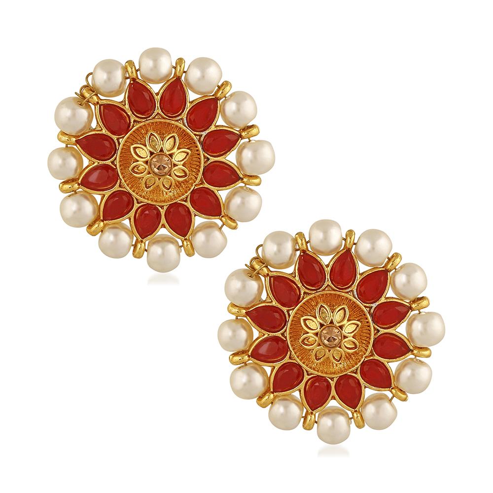 Mahi Red Meenakari Work Traditional Floral Earring with Kundan for Women (VECJ100218Red)