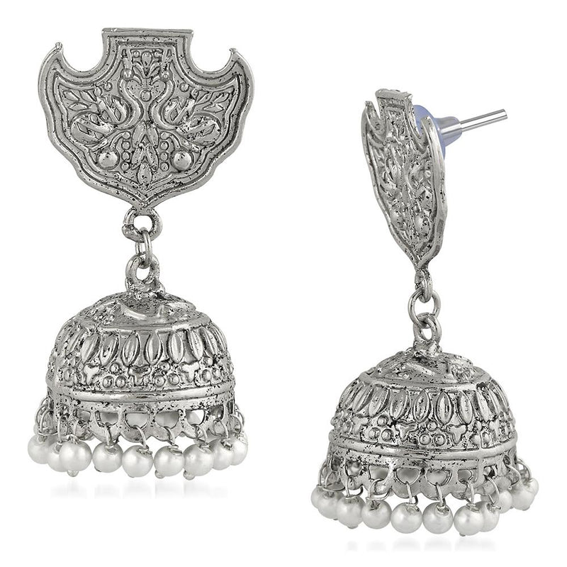 Mahi Rhodium Plated Peacock Traditional Jhumka Earrings for Women (VECJ100225)