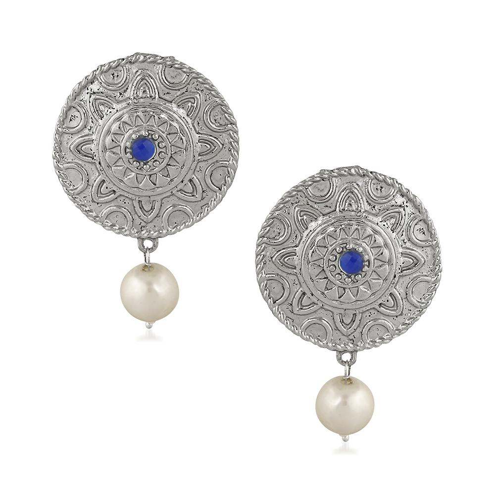 Mahi Blue Kundan and Artificial Pearl Traditional Dangler Earrings for Women (VECJ100226)