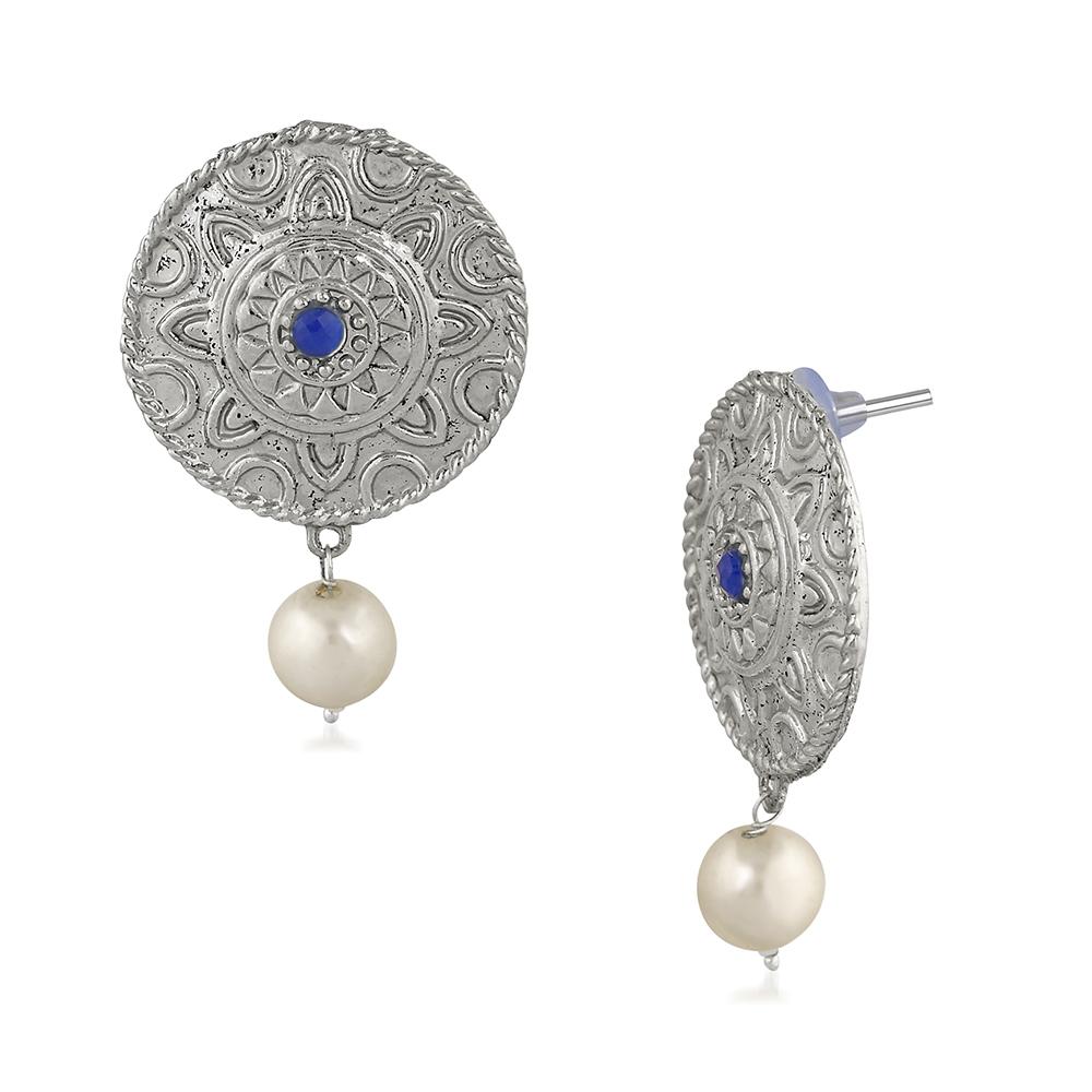 Mahi Blue Kundan and Artificial Pearl Traditional Dangler Earrings for Women (VECJ100226)