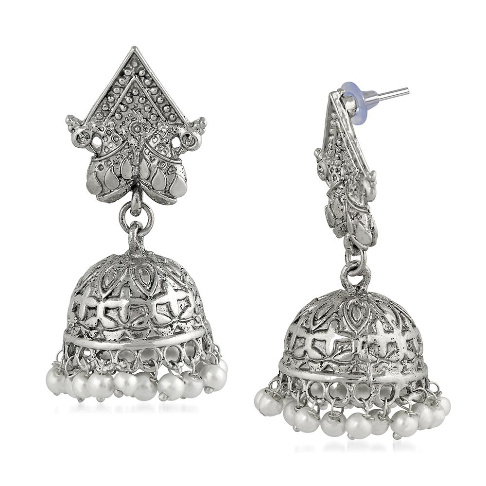 Mahi Rhodium Plated Traditional Ethnic Jhumka Earrings for Women (VECJ100228)