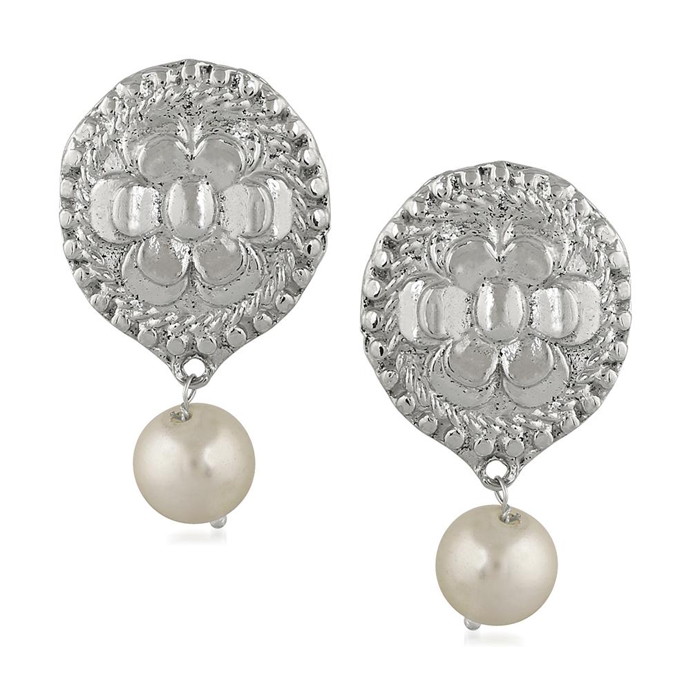 Mahi Rhodium Plated Traditional Dangler Earrings with Artificial Pearl for Women (VECJ100229)