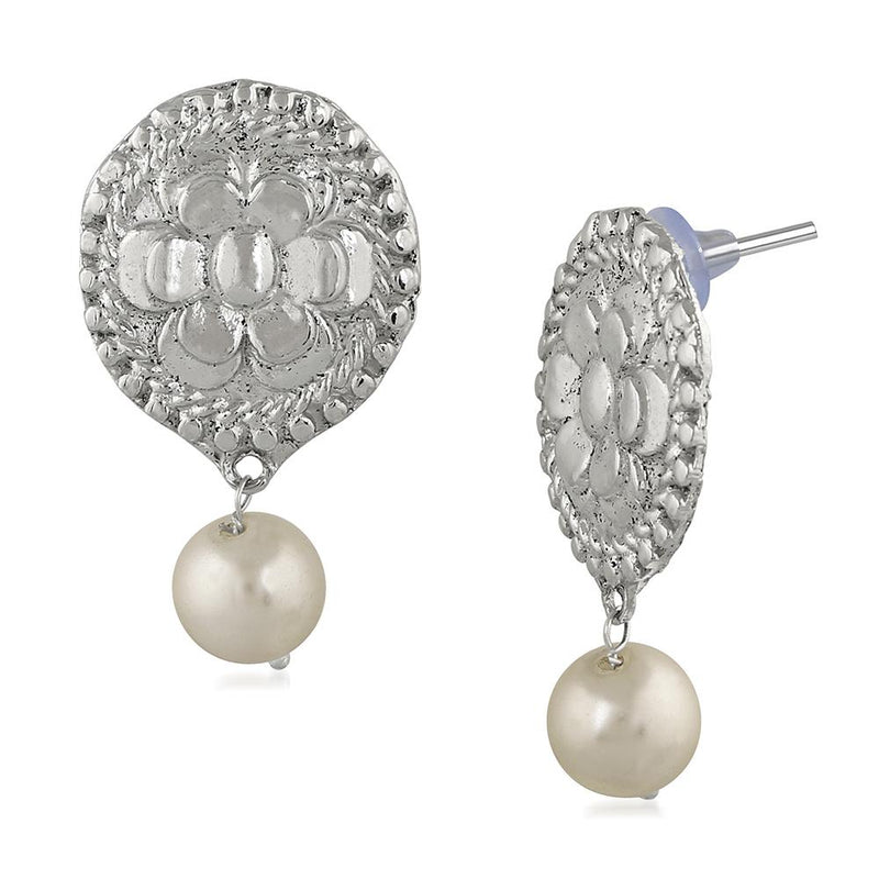 Mahi Rhodium Plated Traditional Dangler Earrings with Artificial Pearl for Women (VECJ100229)