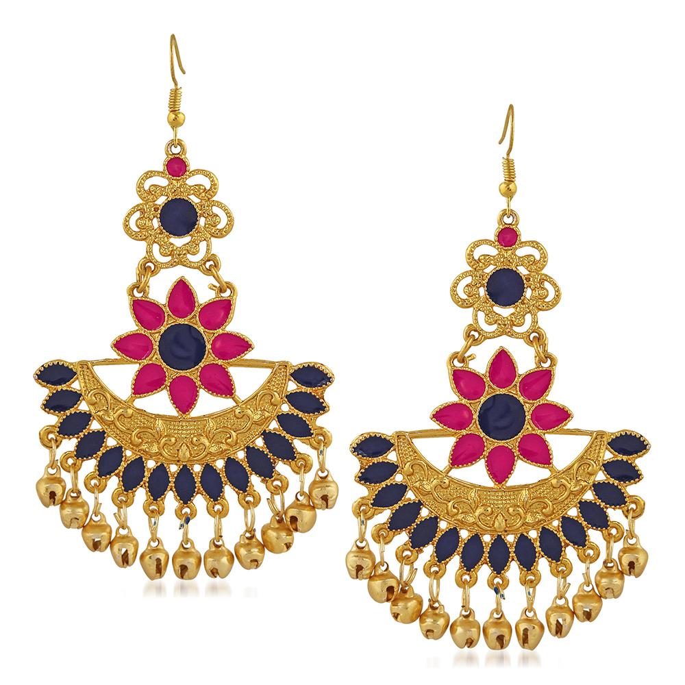 Mahi Pink and Blue Meenakari Work Traditional Floral Dangler Earring with Ghuungroo for Women (VECJ100230Pin)