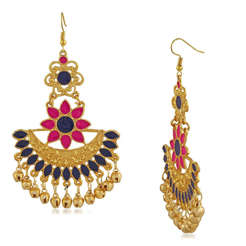 Mahi Pink and Blue Meenakari Work Traditional Floral Dangler Earring with Ghuungroo for Women (VECJ100230Pin)