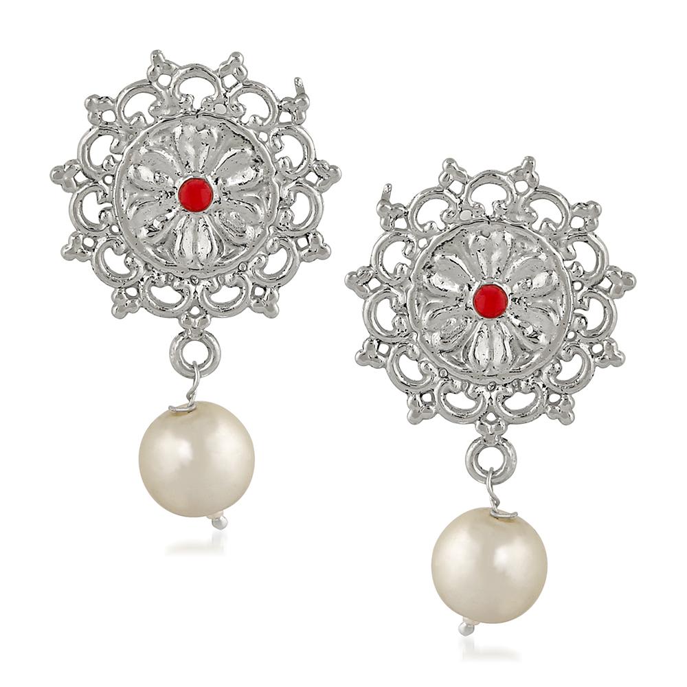 Mahi Red Kundan and Artificial Pearl Traditional Floral Dangler Earrings for Women (VECJ100235)