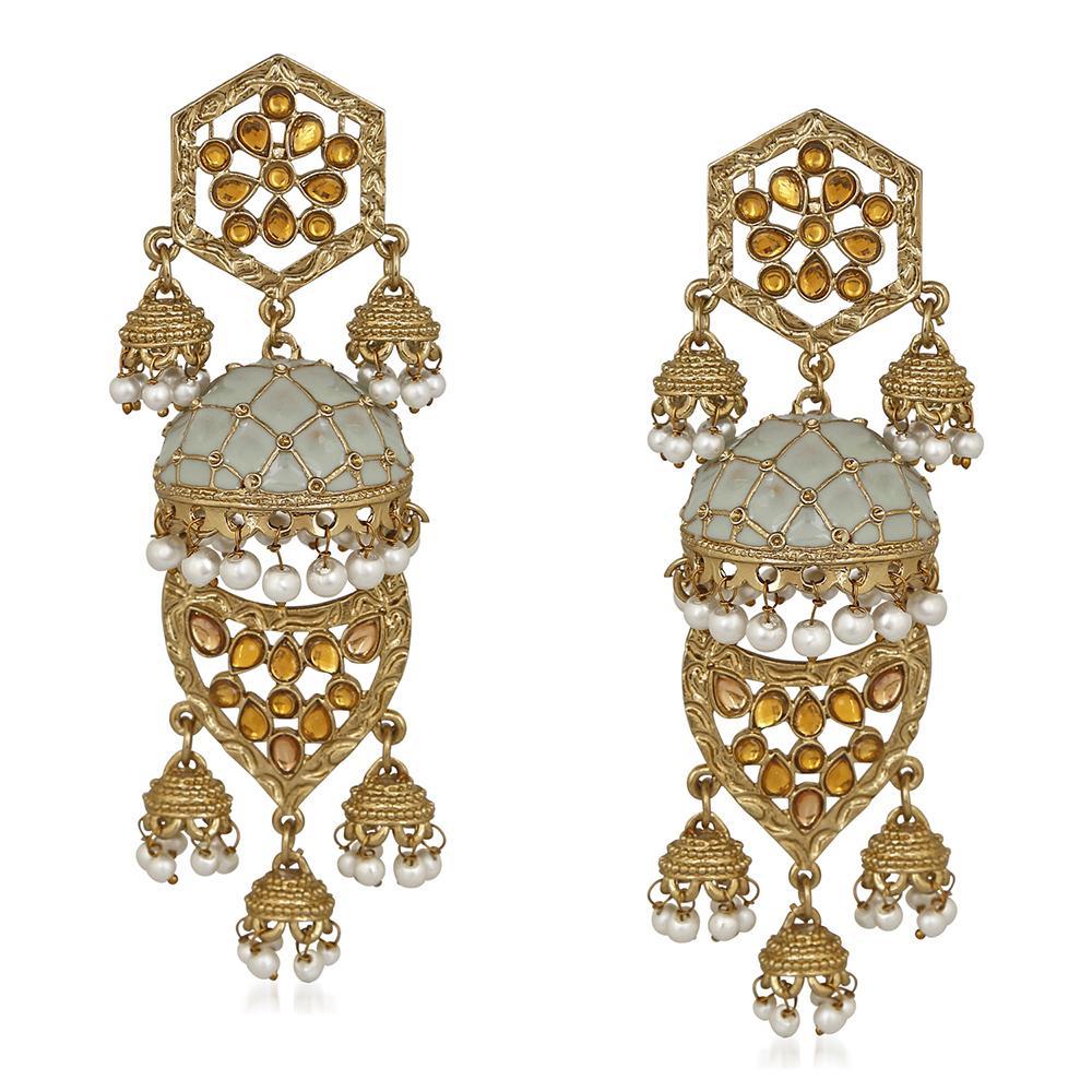 Mahi Traditional Jhoomar Jhumki Layered Earring with Kundan Meenakari Work and Artificial Pearl for Women (VECJ100241)