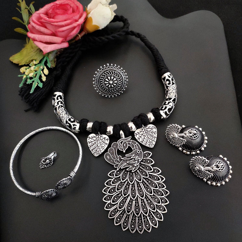 Vaamika Oxidized Plated Necklace Combo Set With Earrings, Finger Ring, Nosepin And Elegant Design Kada