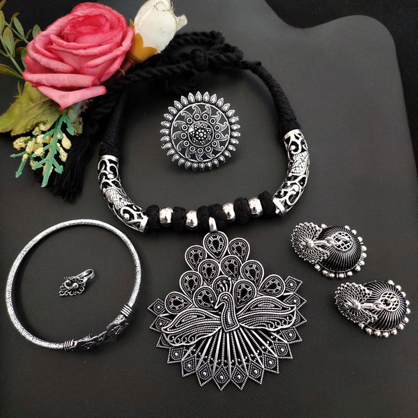 Vaamika Oxidized Plated Necklace Combo Set With Earrings, Finger Ring, Nosepin And Elegant Design Kada