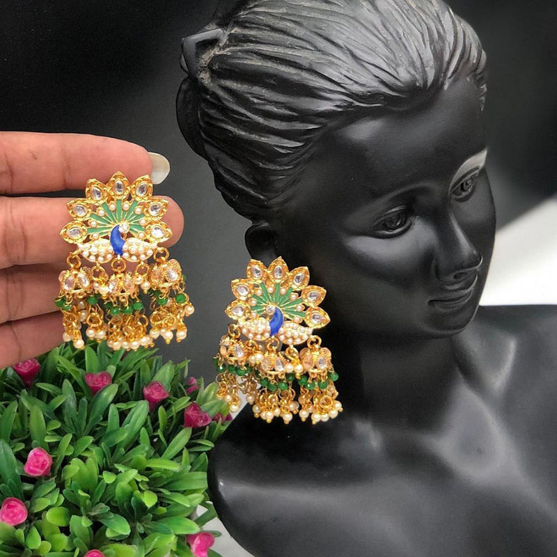 Vaamika Gold Plated Kundan Stone And Meenakari Peacock Jhumki Earrings