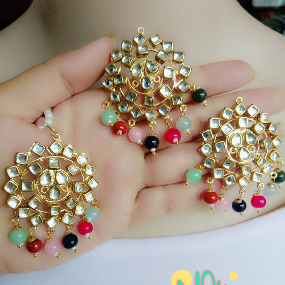 Vaamika Gold Plated Kundan Stone And Beads Dangler Earrings With Maang Tikka