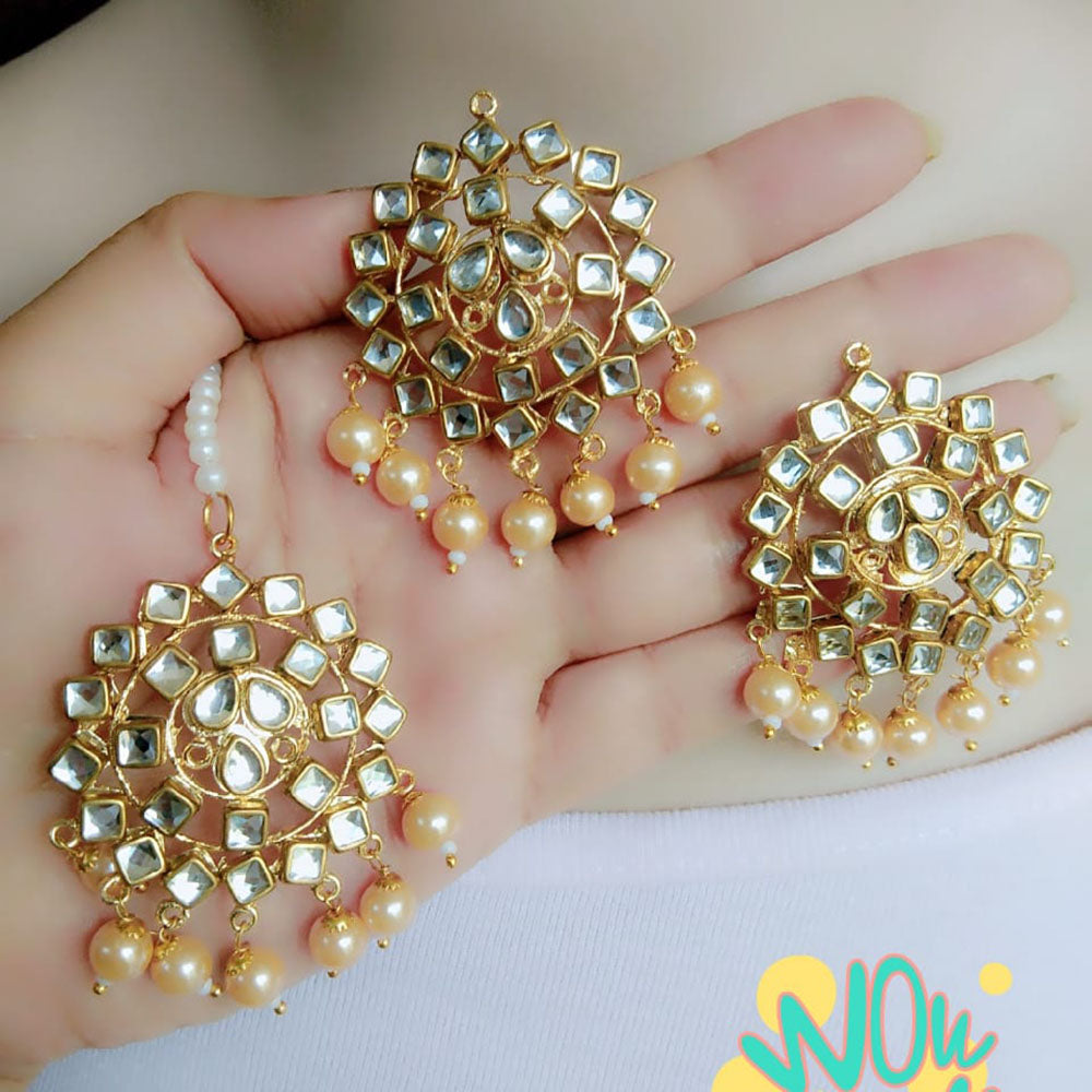 Vaamika Gold Plated Kundan Stone And Beads Dangler Earrings With Maang Tikka