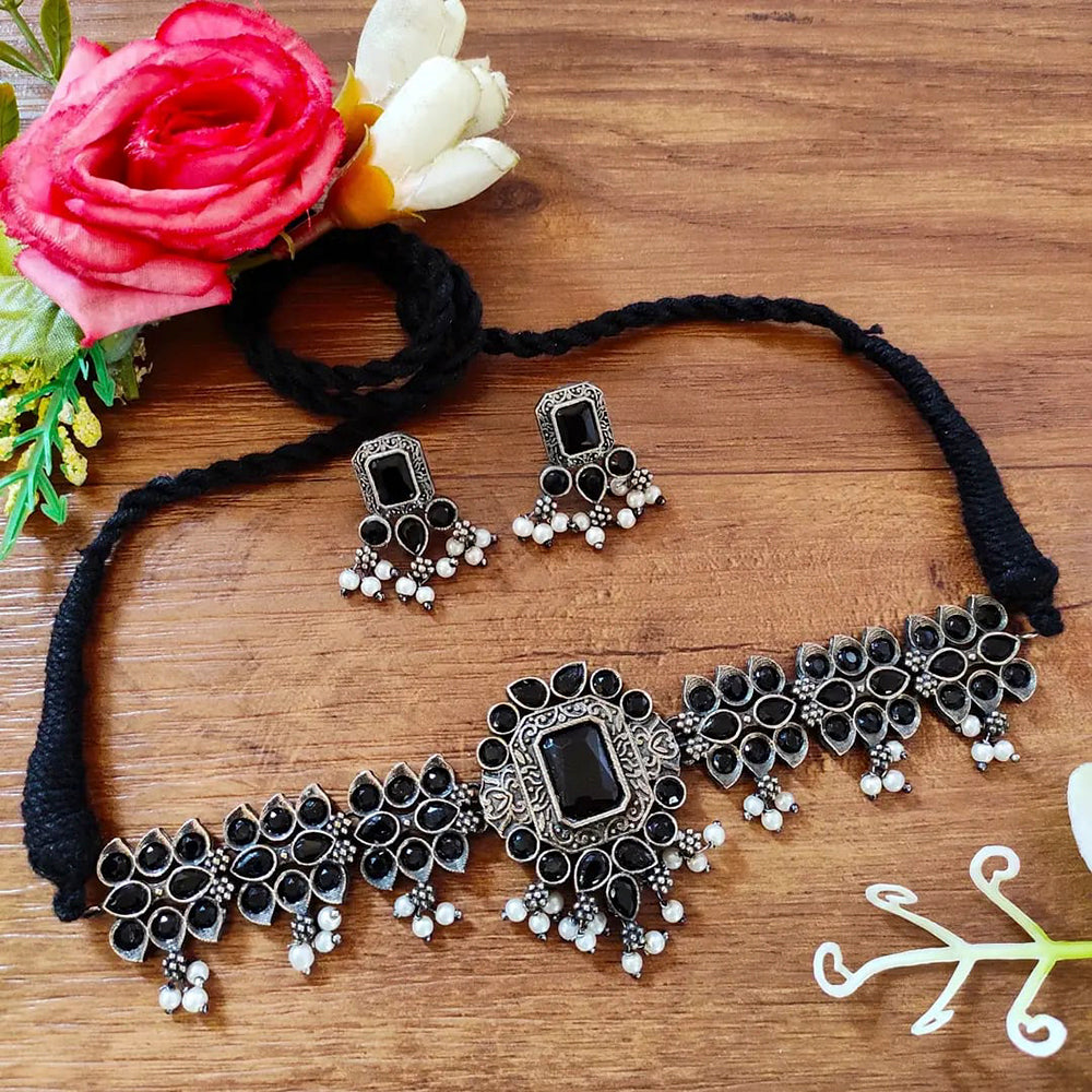 Vaamika Oxidized Plated Pota Stone & Beads Thread Necklace Set