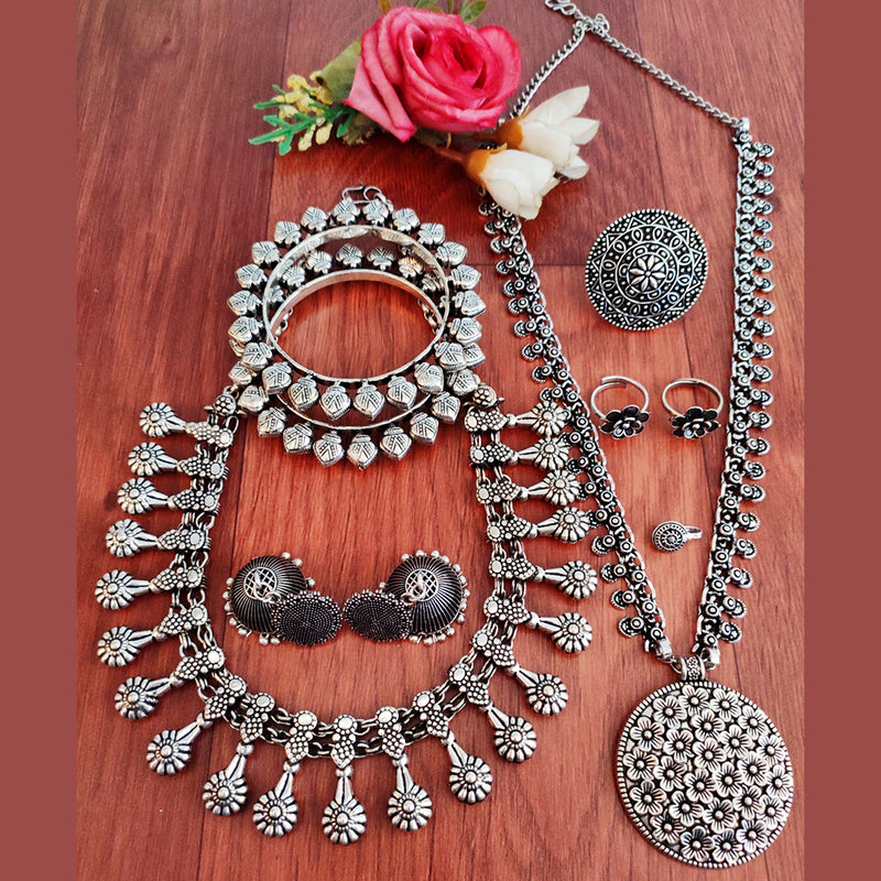 Vaamika Oxidized Plated Long & Choker Necklace Set With Nose Ring , Ring , Bangle , Toe Ring Combo