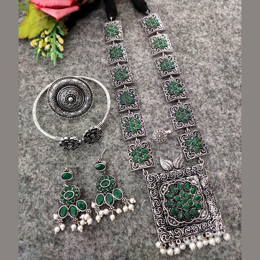 Vaamika Long Oxidised  Necklace Combo Set With Stunning Earrings, Nosepin, Kada Bracelet And Big size Finger Ring