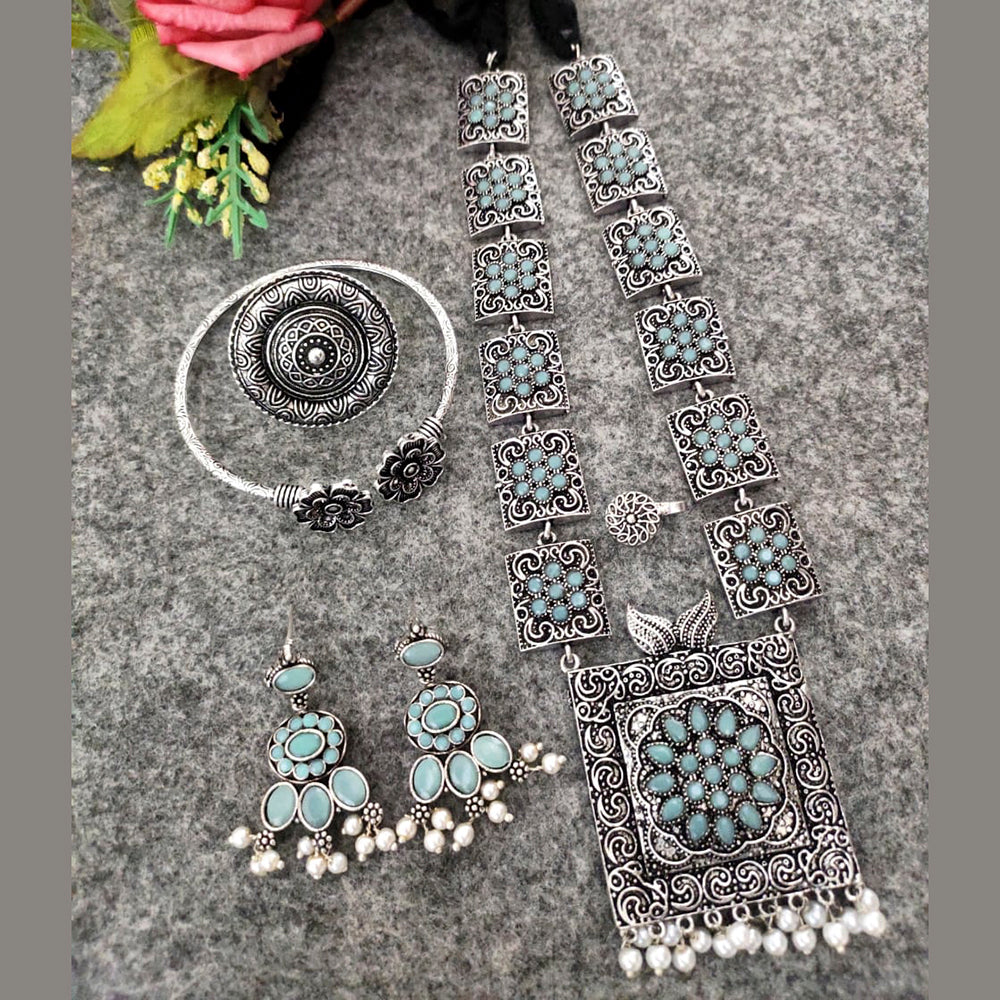 Vaamika Long Oxidised  Necklace Combo Set With Stunning Earrings, Nosepin, Kada Bracelet And Big size Finger Ring