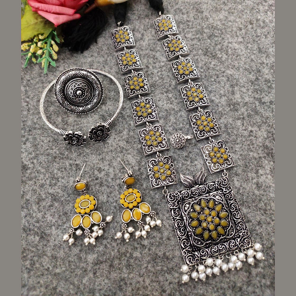 Vaamika Long Oxidised  Necklace Combo Set With Stunning Earrings, Nosepin, Kada Bracelet And Big size Finger Ring