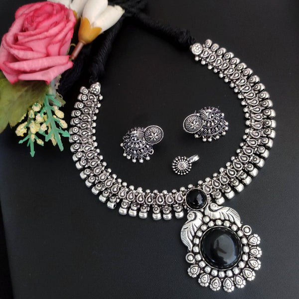 Vaamika Oxidized Plated Plated Beads Necklace Set With Nose Pin