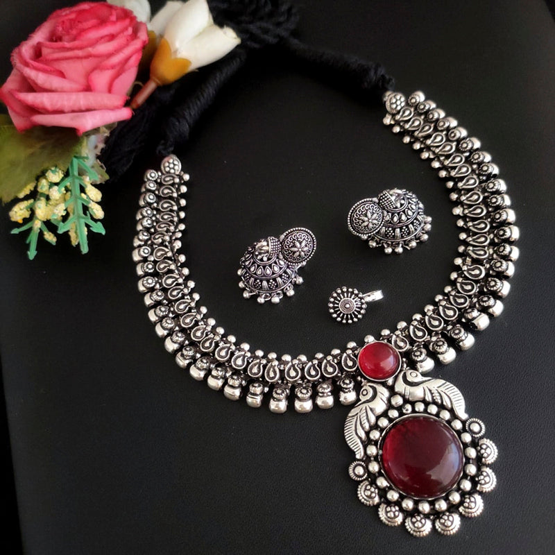 Vaamika Oxidized Plated Plated Beads Necklace Set With Nose Pin