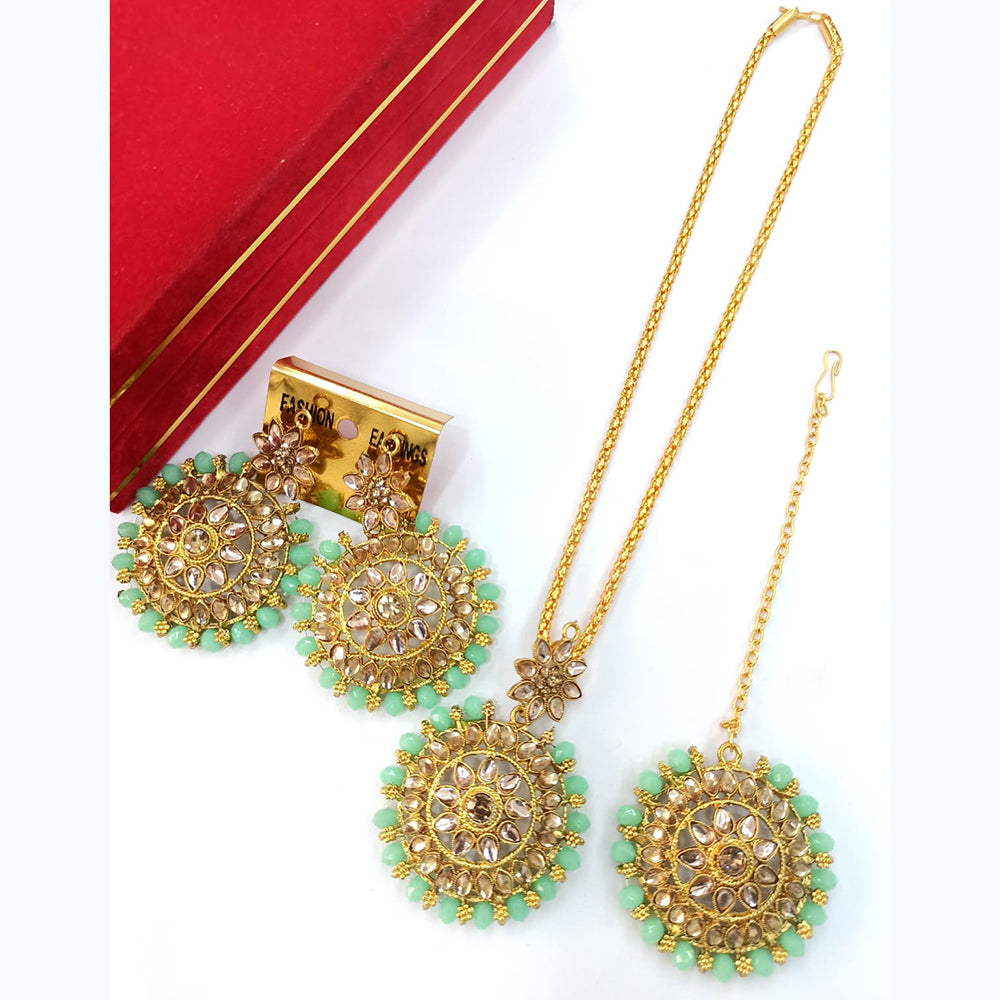 Vaamika Gold Plated Pota Stone & Pearl Necklace Set With Maang Tikka