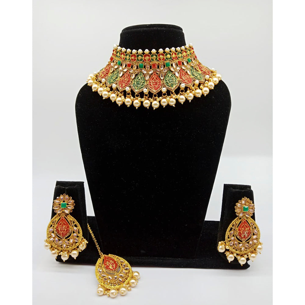 Vaamika Gold Plated Kundan Stone & Meenakari & Beads Necklace Set