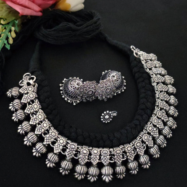 Vaamika Black Thread Oxidised Necklace Set With Nose Pin