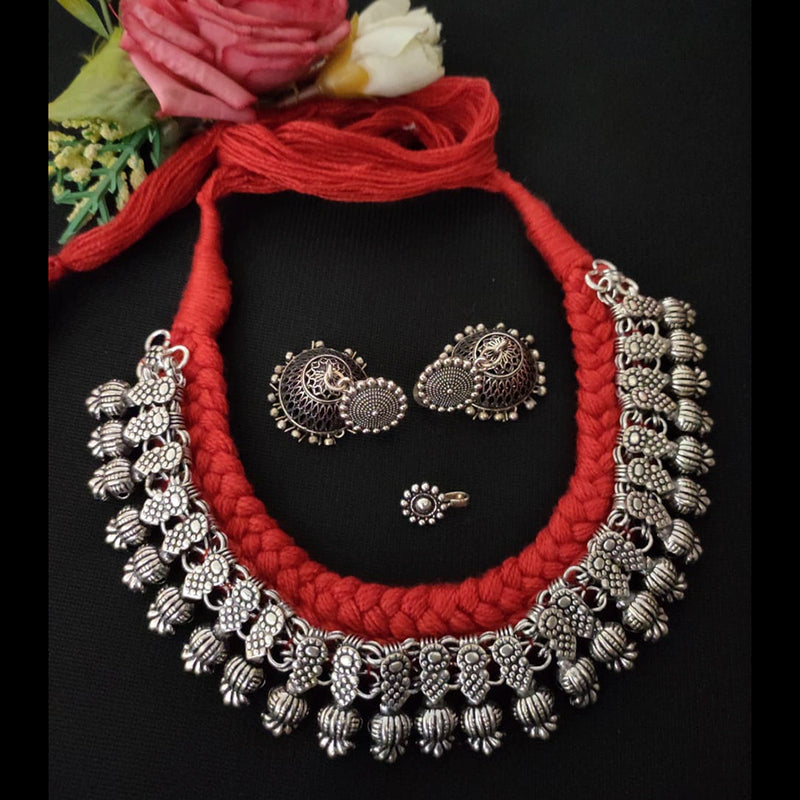 Vaamika Red Thread Oxidised Necklace Set With Nose Pin