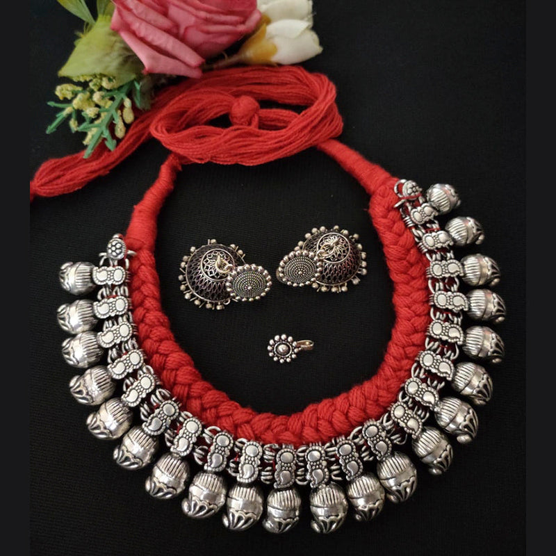 Vaamika Red Thread Oxidised Necklace Set With Nose Pin - VMNECK267