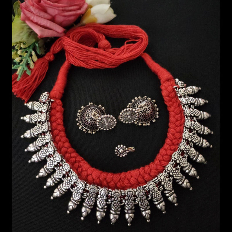 Vaamika Red Thread Oxidised Necklace Set With Nose Pin - VMNECK268