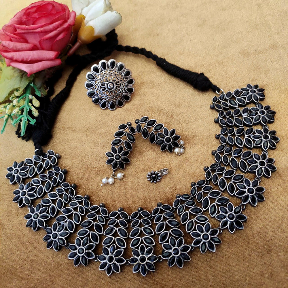 Vaamika Oxidized Plated Pota Stone Thread Necklace Set With Ring , Nose Ring