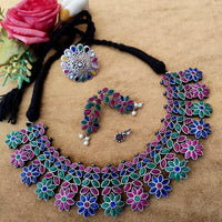 Vaamika Oxidized Plated Pota Stone Thread Necklace Set With Ring , Nose Ring