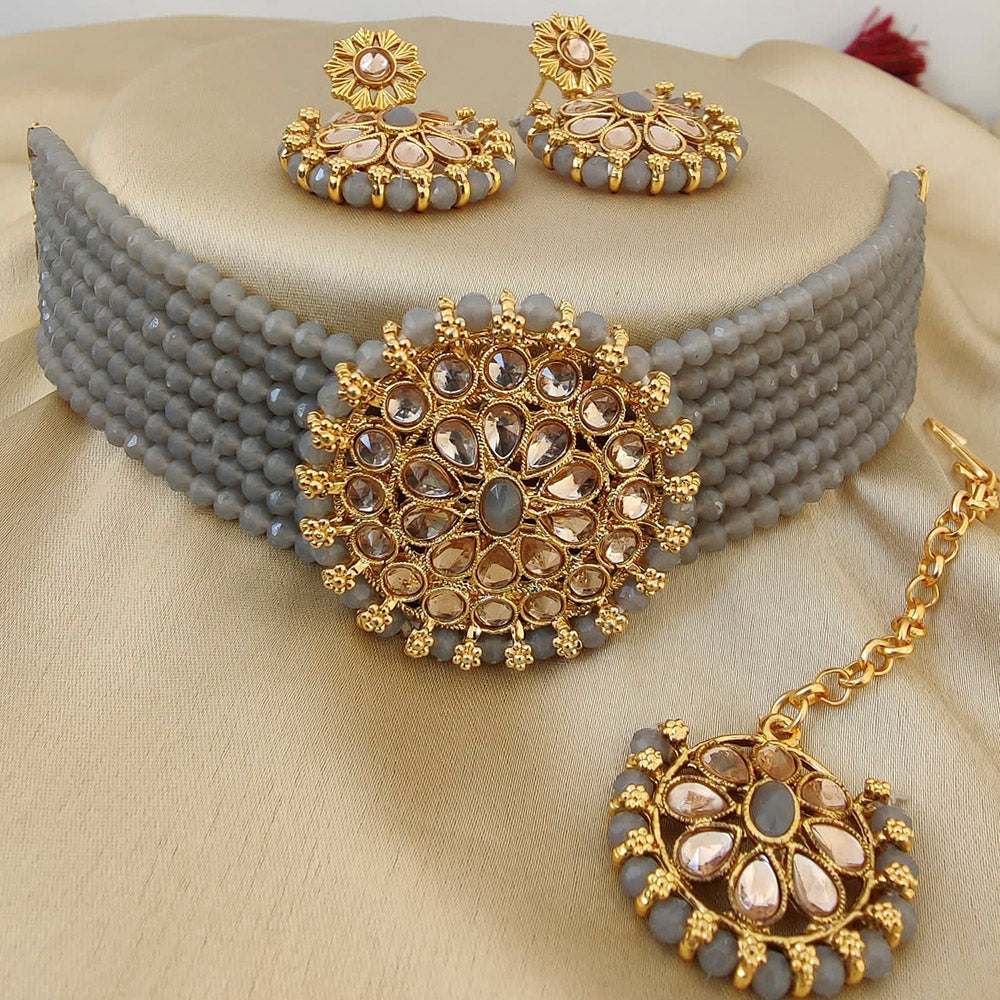 Vaamika Crystal Stone & Beads Gold Plated Choker Necklace Set