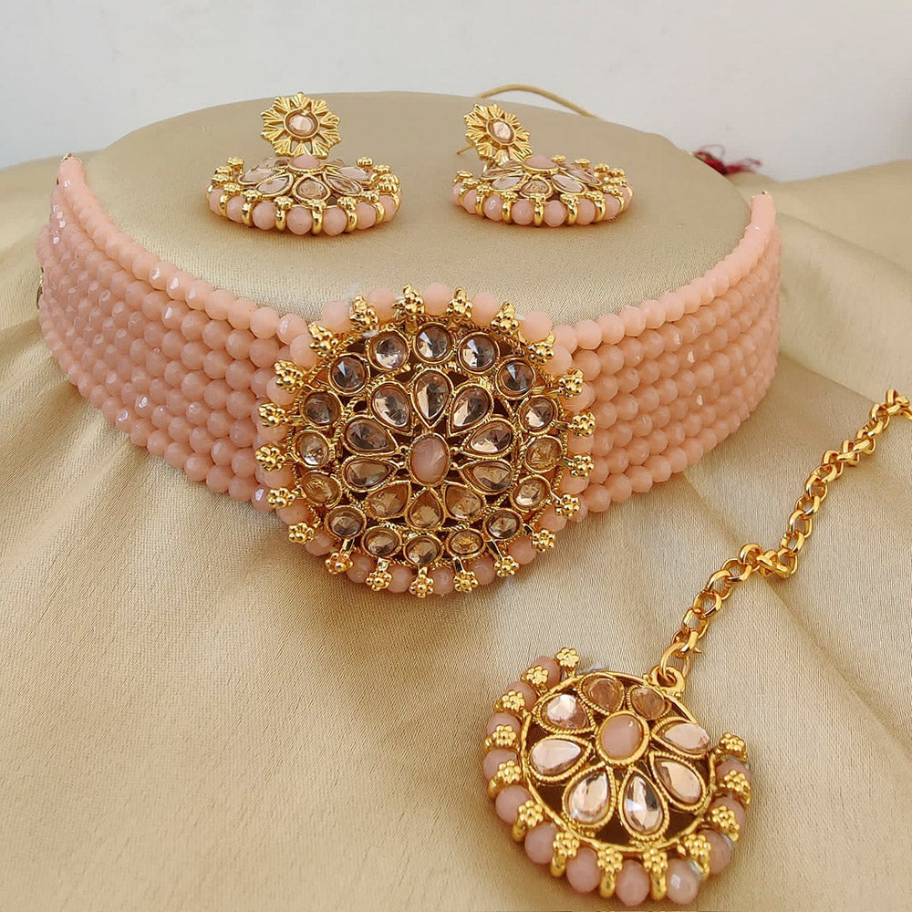 Vaamika Crystal Stone & Beads Gold Plated Choker Necklace Set