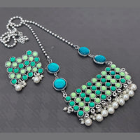 Vaamika Pota Stone Silver Plated Long Necklace Set