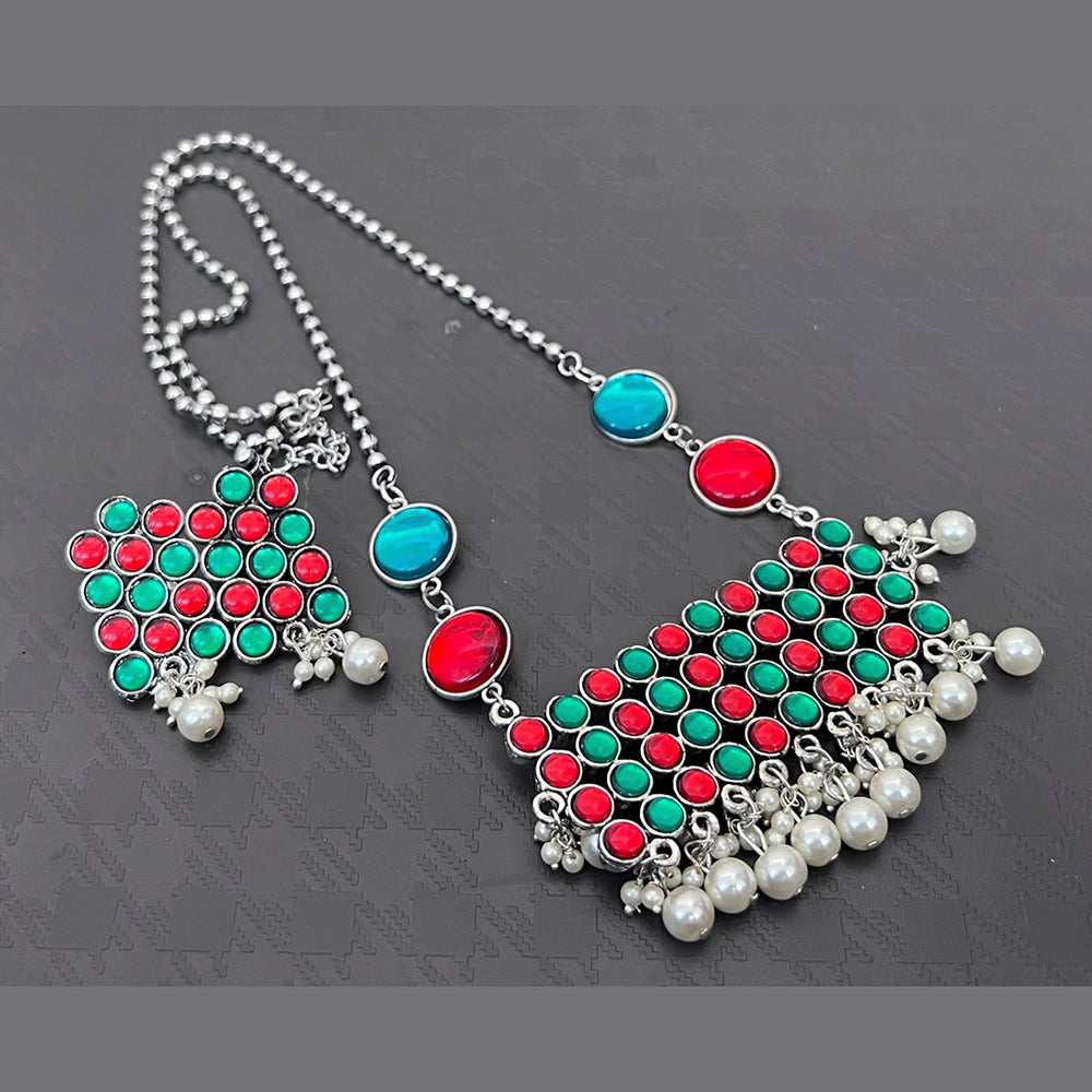 Vaamika Pota Stone Silver Plated Long Necklace Set