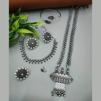 Vaamika Oxidized Plated Long And Short Necklace Set With Nose Ring , Ring , Bracelet Combo