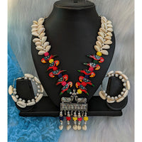 Vaamika Oxidized Shell Necklace Set with Earrings With Birds Work