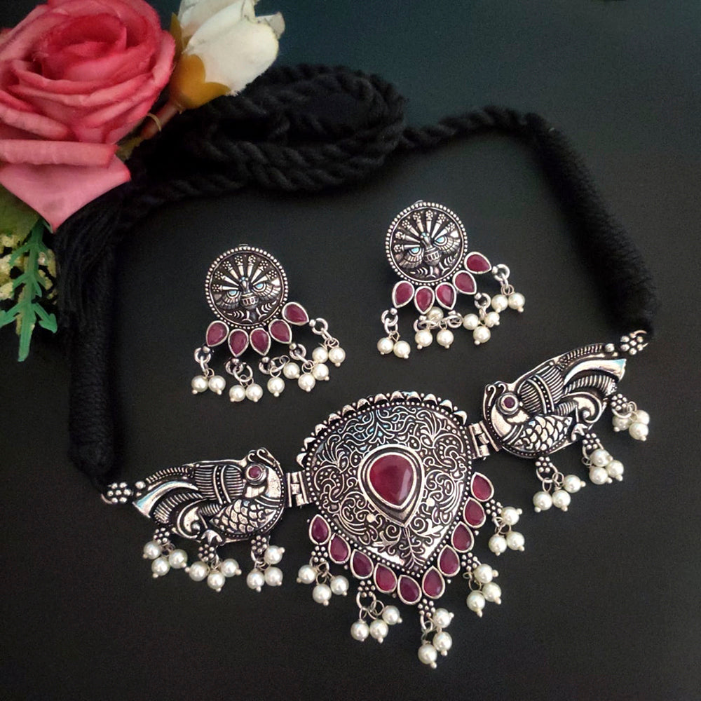 Vaamika Oxidized Plated Pota Stone Thread Peacock Choker Necklace Set